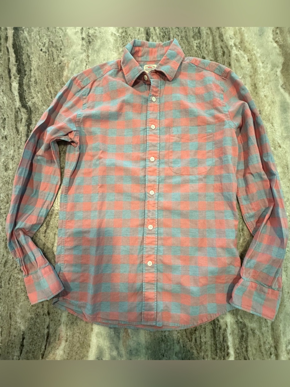 Faherty Men's Long Sleeve Light Weight Plaid Button-Up Shirt Blue/Coral, XS